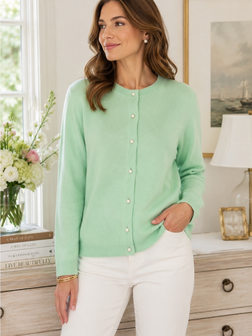 United Colors of Benetton Mint Green Pure New Wool Pearl Button Cardigan Size M
